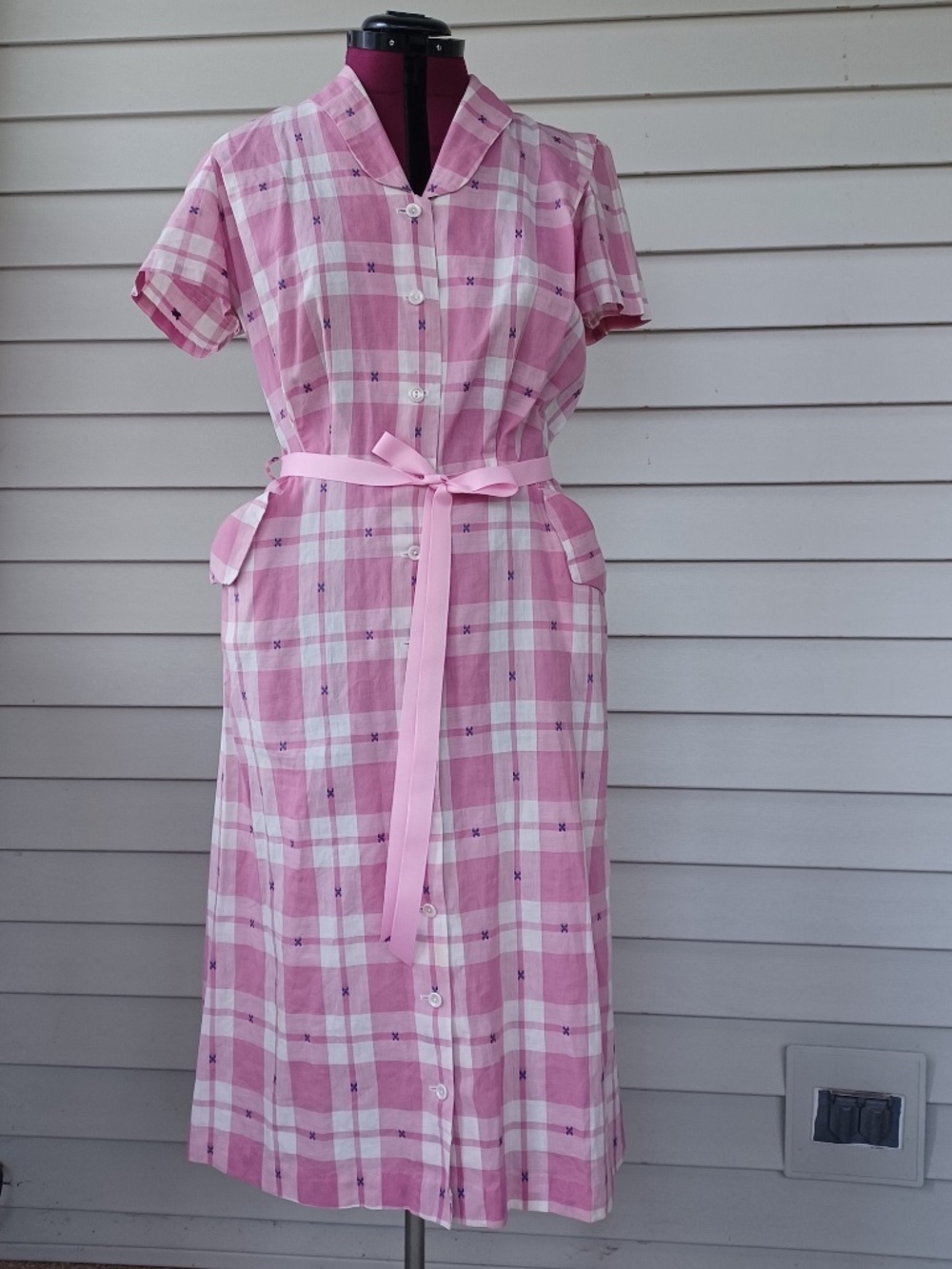 Pink Plaid Midi Shirt Dress with Tie Waist